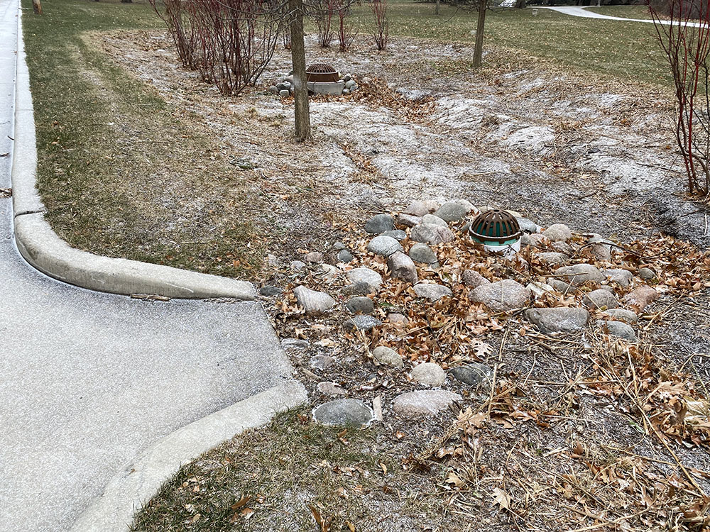 In winter the bioswale design is more readily apparent, including curb cuts for inflow and drains for overflows.