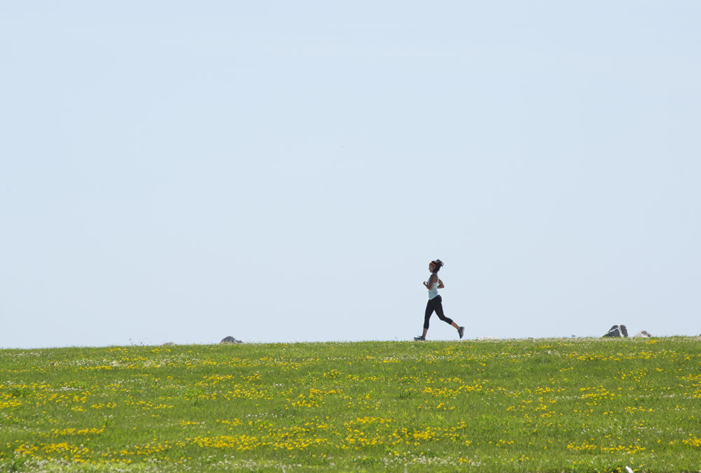 Avoid putting your focal point in the center of the image. The Rule of Thirds is a good way to organize a composition. In this case there is one-third grass and two-thirds sky and the jogger is about a third of the way from the right edge.