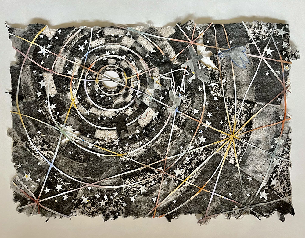 "2 am," 12"x18". Handmade paper with graphite and soil-based colors. 2023.