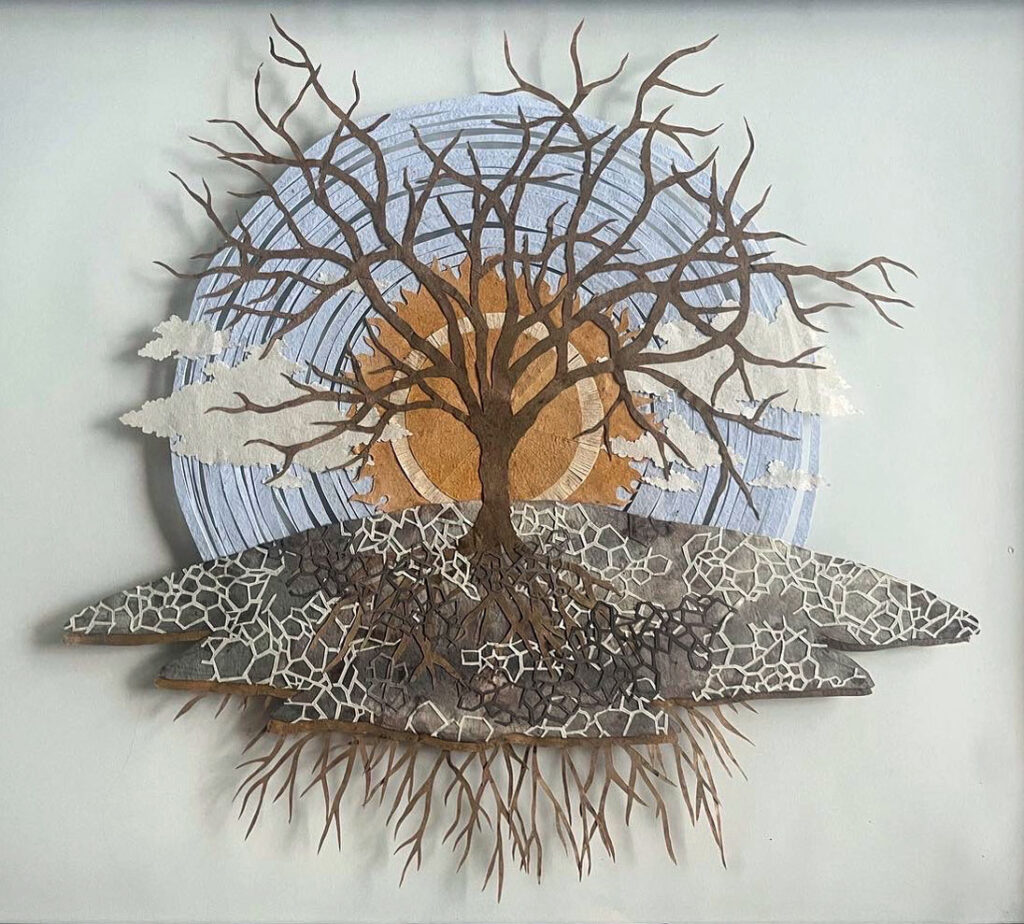 Lone Oak. 16"x14". Handmade paper dyed with acorns, iron, walnuts and onion skins. 2022.