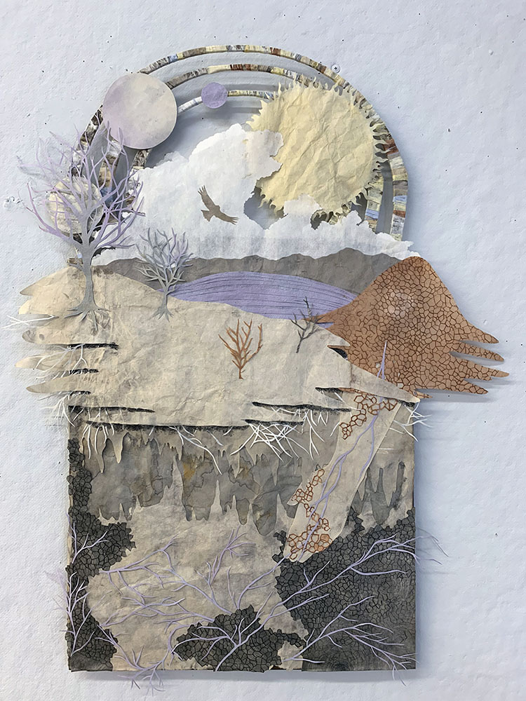 Altar, 17"x32". Collograph print on Thai kozo, collaged with handmade paper dyed with wine, acorns, onion skins, iron, and black beans, mounted on masonite. 2022.