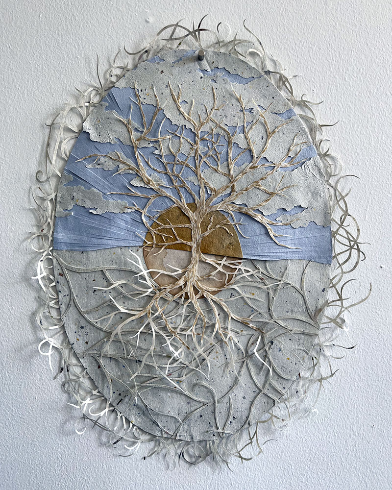 Mother Tree, 17"x22". Handmade paper dyed with rosehips and iron. 2022.