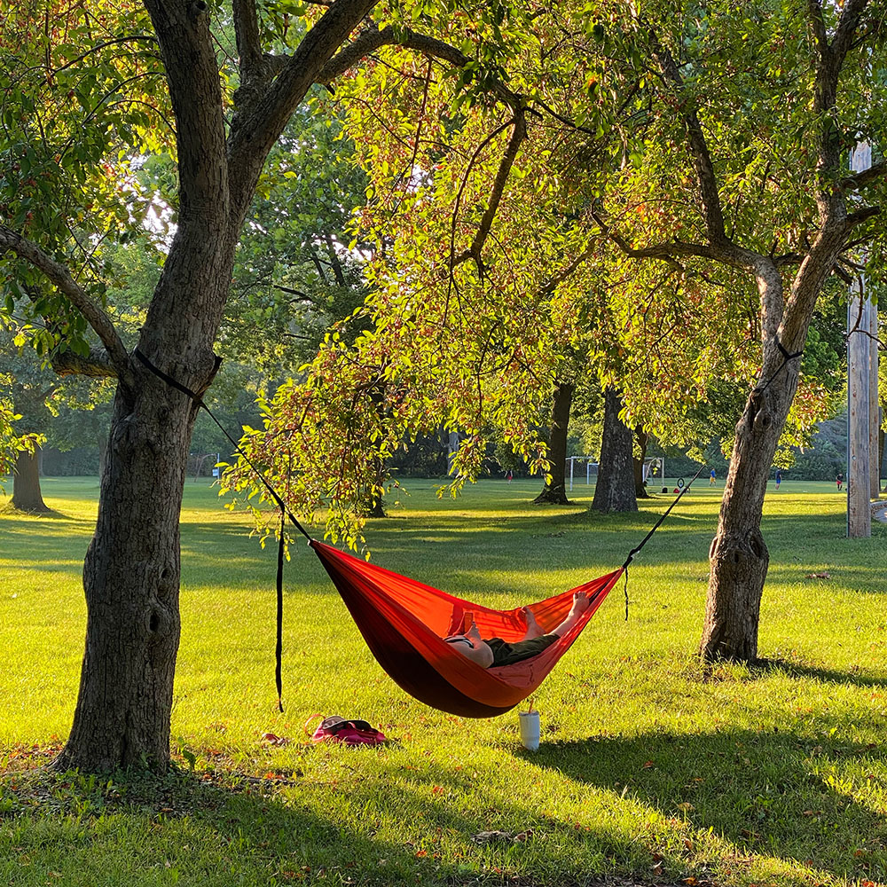 Hammocking along the Menomonee River Parkway in Hoyt Park, Wauwatosa.