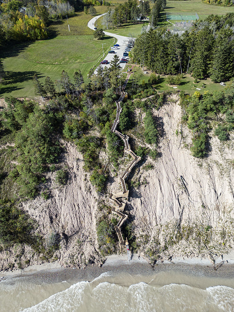 Aerial view of park and stairway to beach.