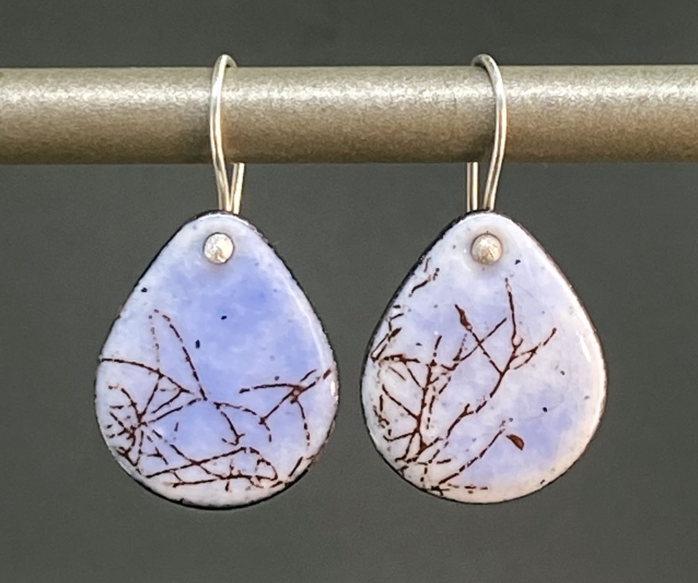 Earring violet. Enamel and nature-inspired decal, fired on copper. Sterling silver earwires.