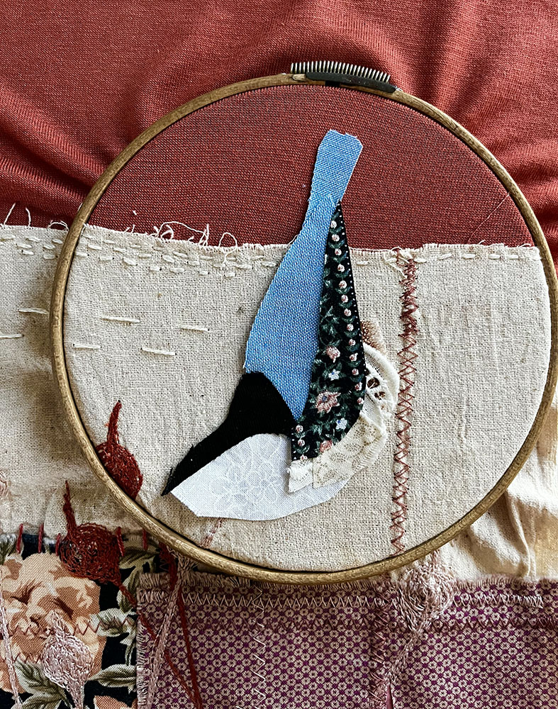 Fabric scrap White Breasted Nuthatch in progress.