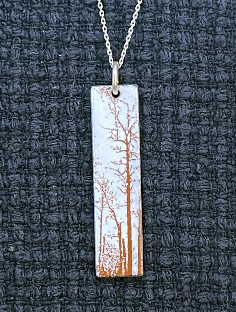 Pendant decal tree. Enamel and nature-inspired decal, fired on copper.