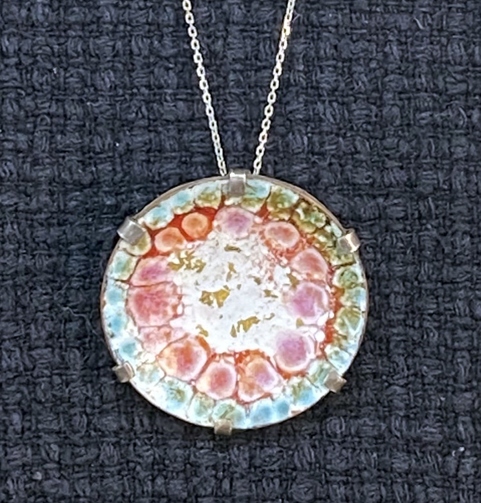 Pendant painted enamel. Sifted and painted enamel with 24kt gold leaf on copper, set in silver.