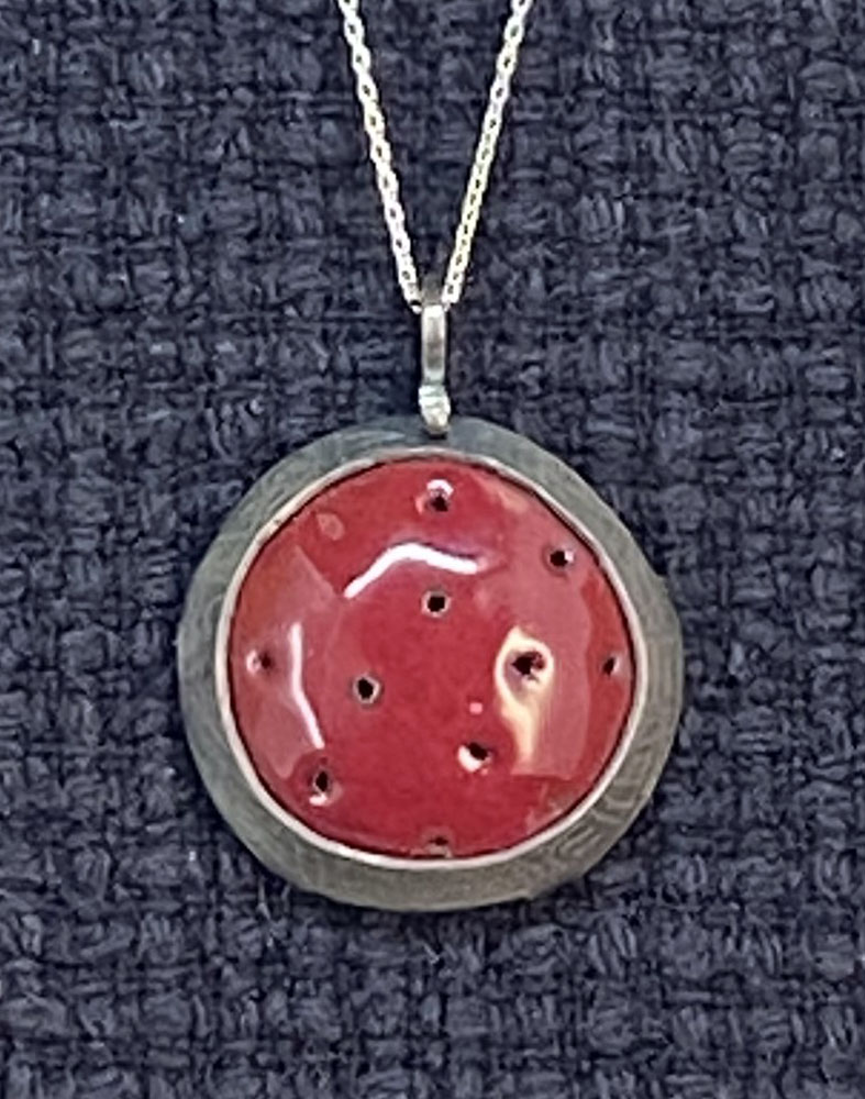 Pendant red enamel. Red enamel on copper, set in sterling silver.