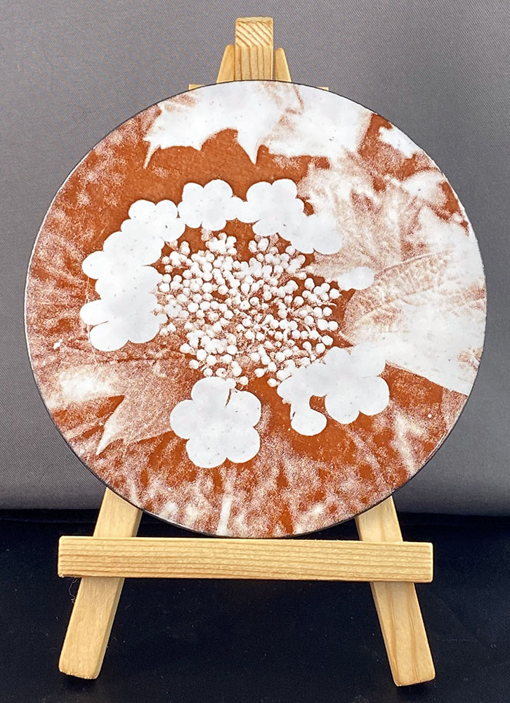 Wall piece decal flower. Enamel and nature-inspired decal, fired on copper.