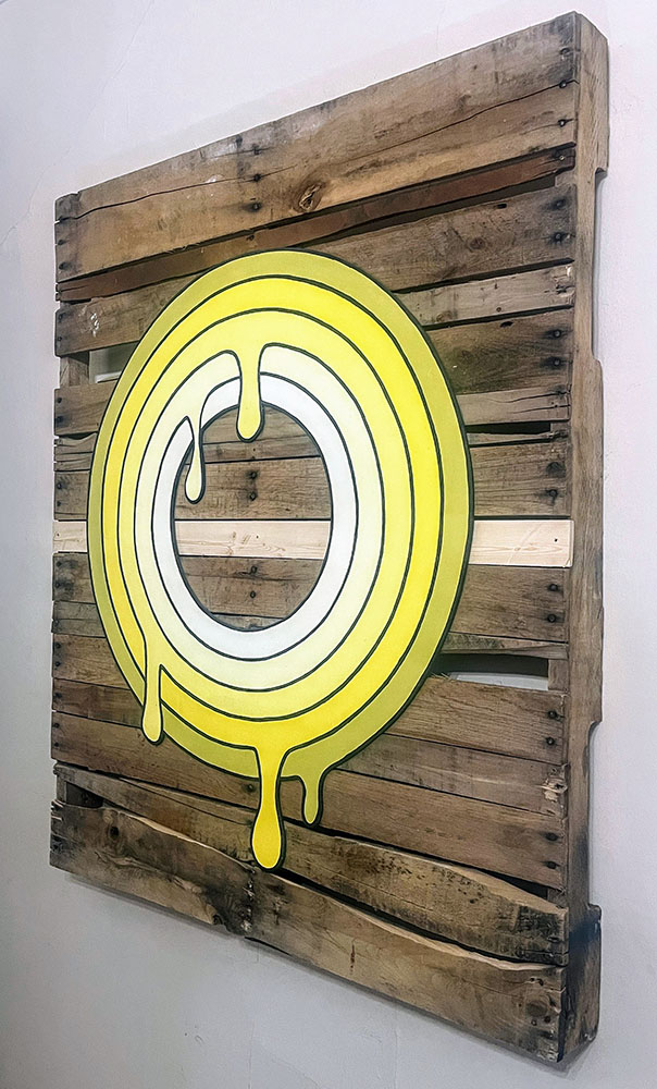 "Yellow Drip Enso." Acrylic on an old wooden pallet. 2022.