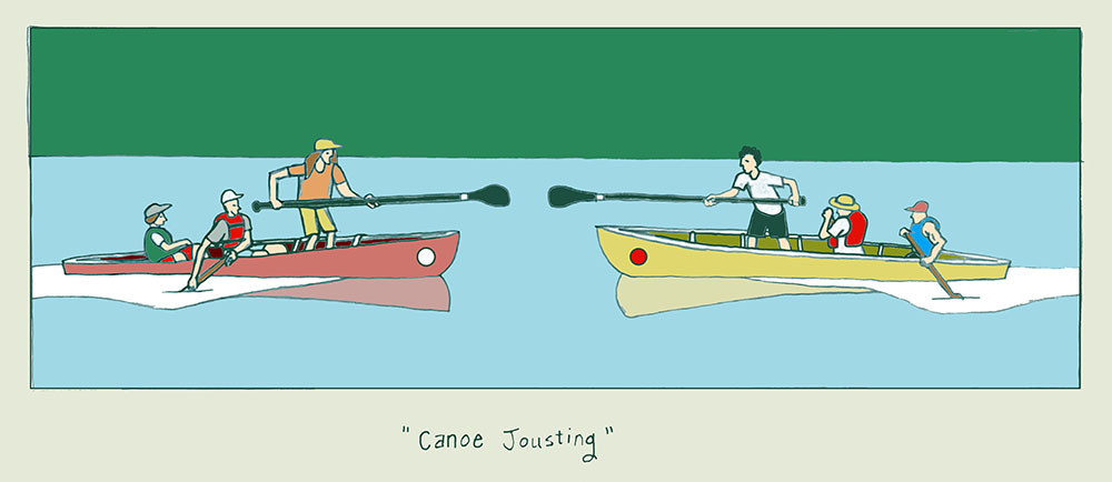 A colorized sketch made after learning that people used to do "canoe jousting" on the Milwaukee River.