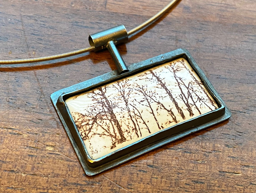 Pendant decal trees. Enamel and nature-inspired decal, fired on copper, set in silver.