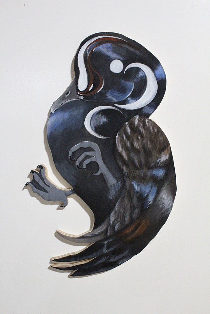 Harlequin Duck, 2023. Roughly the same size as the actual bird. Acrylic on Wood