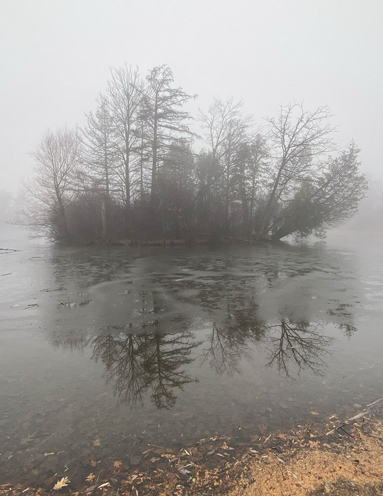 An island in the lagoon looms out of the fog.