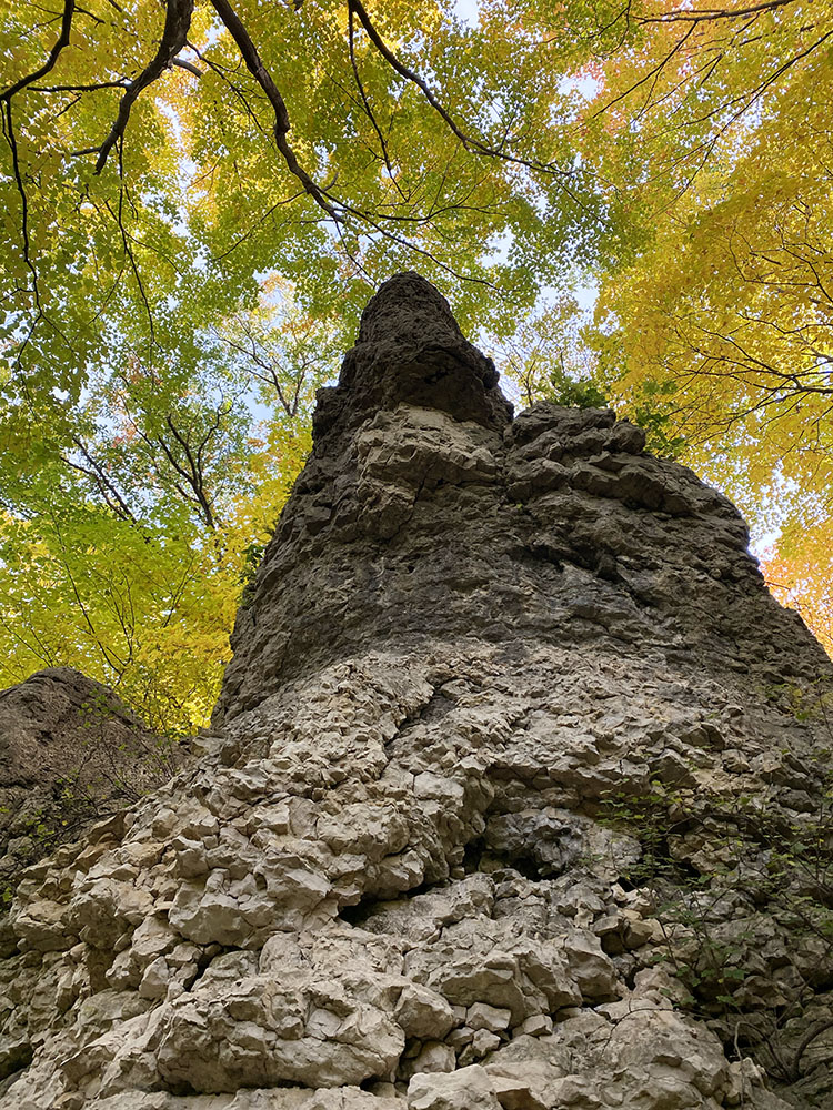 A promontory of the Niagara Escarpment, from below, at Ledge Park, Dodge County. 