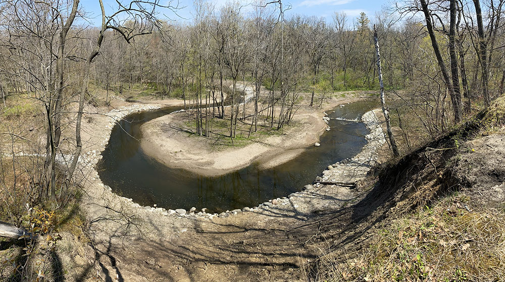 A panoramic view of restoration work done on an oxbow of Oak Creek in the Oak Creek Parkway, South Milwaukee.