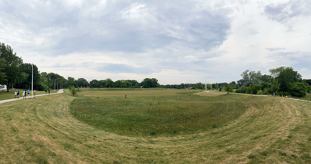 A panoramic view of the recently developed flood detention basin in Dineen Park.