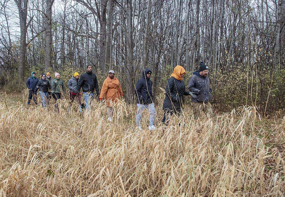 Part of the group on the Lincoln - Estabrook Connector Trail. This was about half of those who attended this walk on a drizzly day in December.