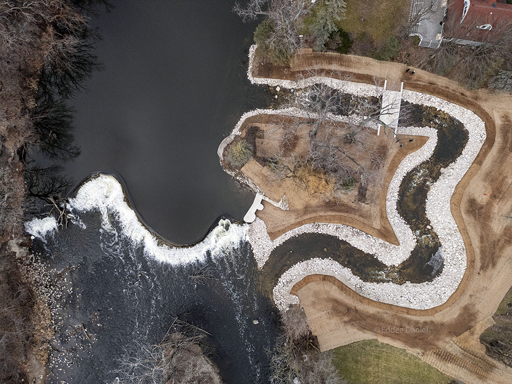 Aerial view of Kletzsch Park Dam and the newly opened fish passage in December, 2023.