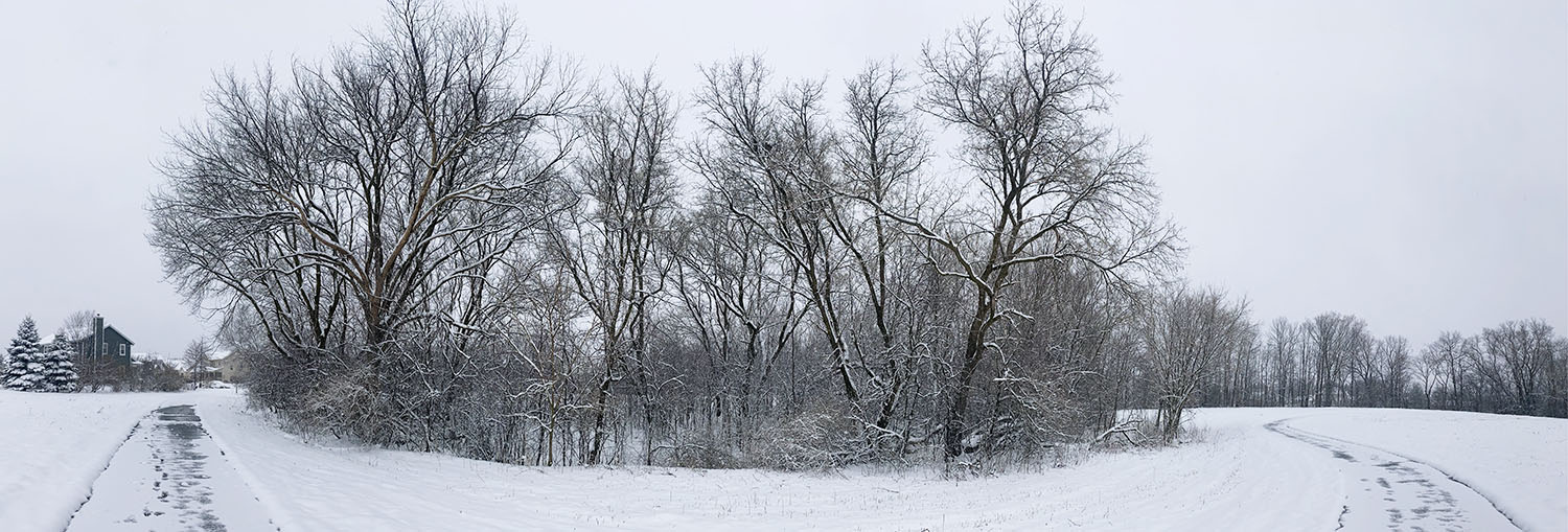 Panoramic view of a snowy section of the riverfront park