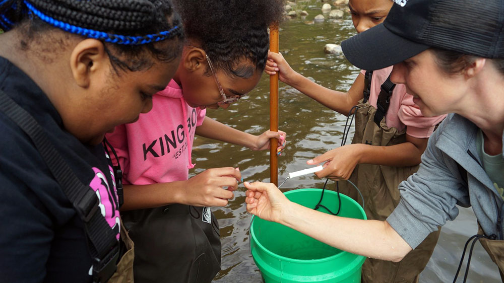 Students observing a distinctive "water penny" beetle larvae captured from the river at Kletzsch Park.