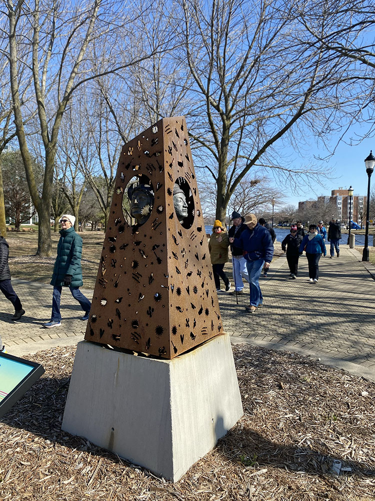 "Caras de (Faces of) Waukesha," a public sculpture where the trail goes through Barstow Plaza. 