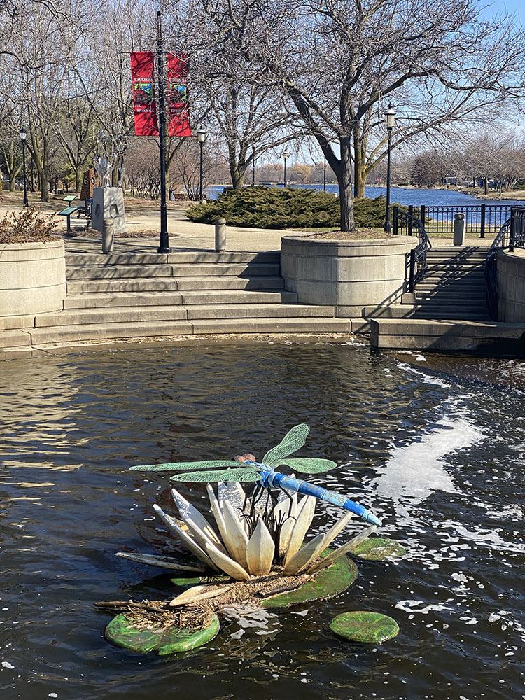 A whimsical dragonfly and waterlily sculpture in the water below the dam at Barstow Plaza.