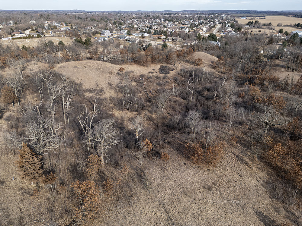 These aerial views (above and below) show the mix of grassland, oak savanna and woodland at Eagle Center Prairie.