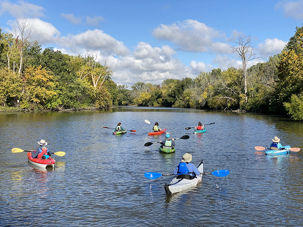 A group of kayakers heads up the Root River on the "slack water" above the dam.