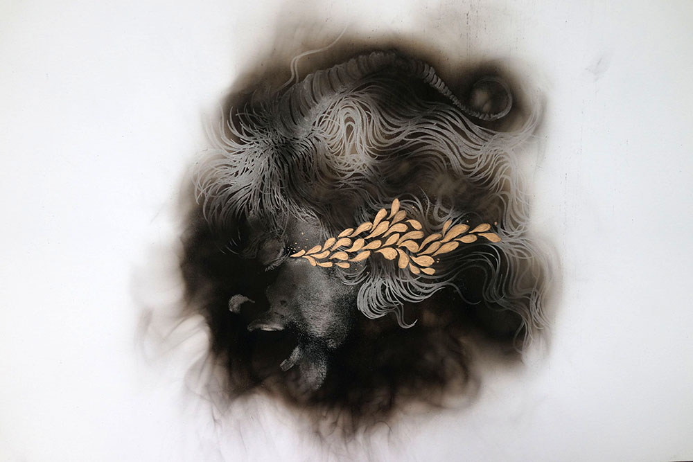 Deity of Grief, 2024 Soot and gold leaf on paper 32 × 40 in.