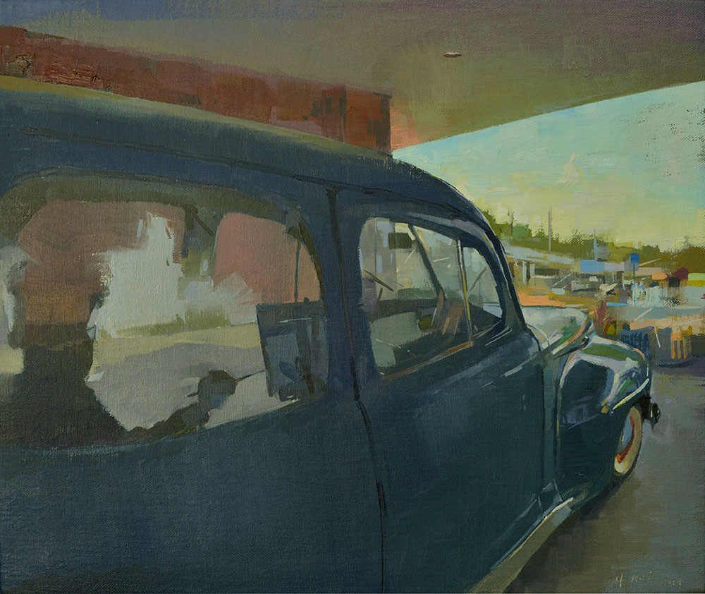 Back Seat Driver, Oil on Handmade Linen Wrapped Panel, 12” x 14”, 2024