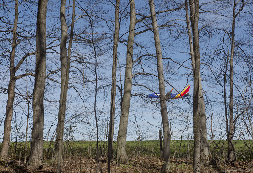 A passenger jet landing at Mitchell Field on the runway adjacent to Cudahy Nature Preserve.