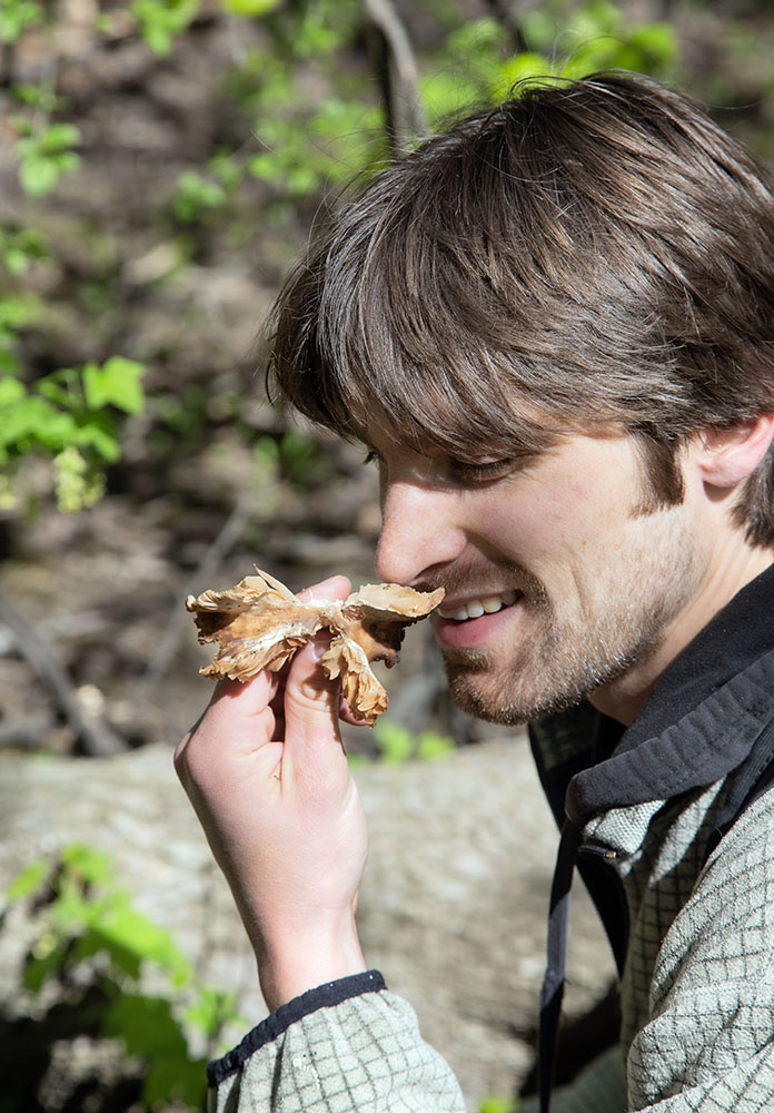 The author taking a whiff of an unidentifiable fungus.