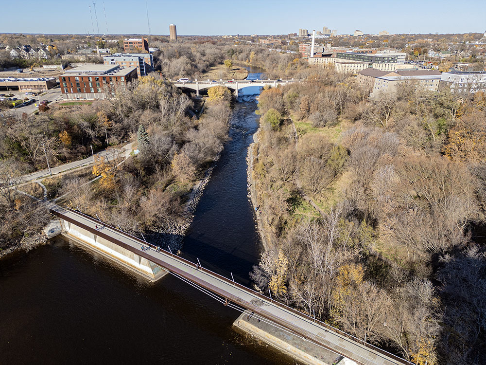 Aerial view taken in 2023 showing the former North Ave Dam and the Area of Concern behind it where contaminated sediments have collected.