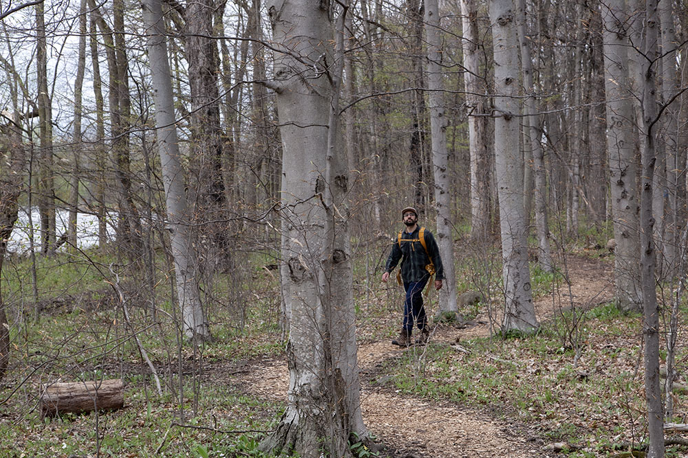 Hector Acuna walking in Bratt Woods. 