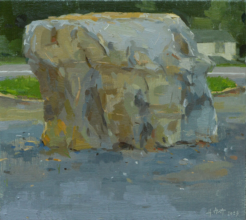 I Can Smell Tacos Cookin By The Rock, Oil on Handmade Canvas Wrapped Panel, 9” x 8”, 2023