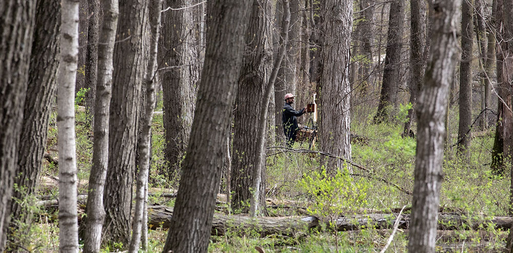 Artist in residence Hector Acuna painting en plein air at Bratt Woods