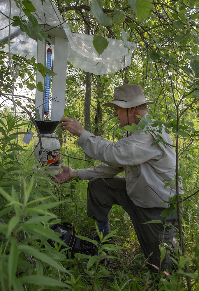 Mark Evans assembling a UV light trap to catch night-flying insects such as moths and beetles.