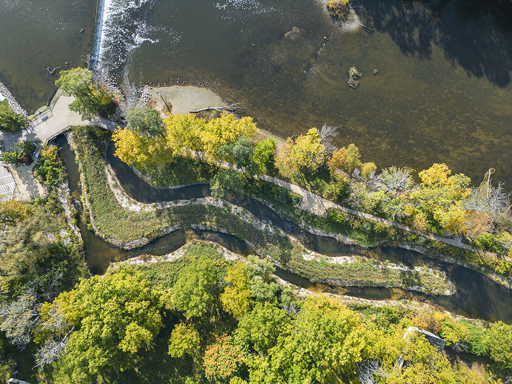 Compare this very different design with the new one at Kletzsch Park. Site constraints and a higher dam required a long, thin configuration.