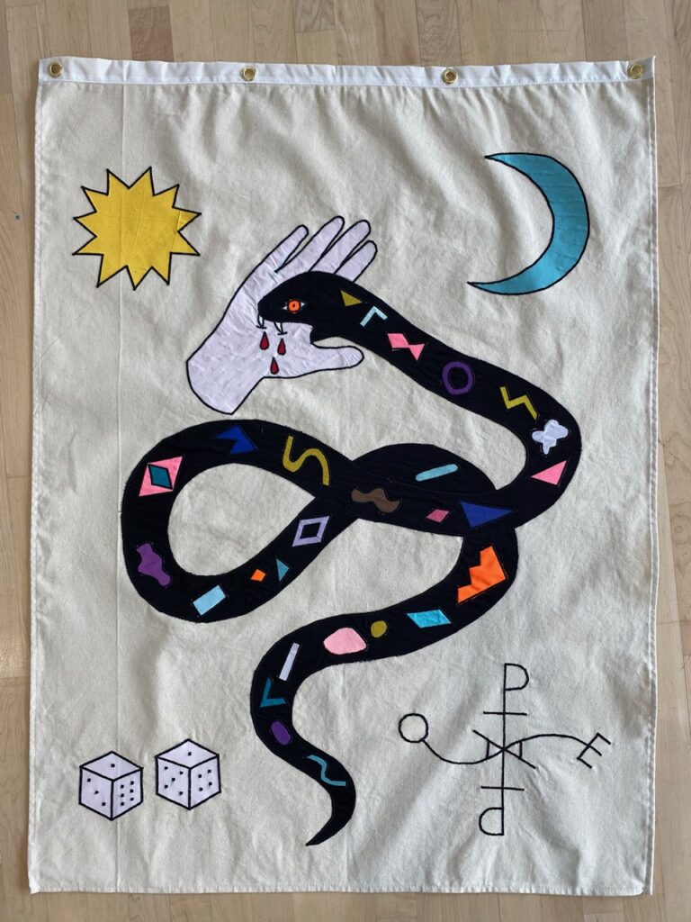 “The Poison is the Antidote” flag. Appliqué on canvas. 2021