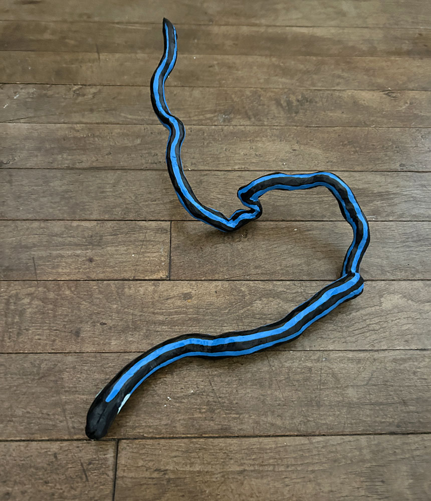 Root snake. Carved & painted found tree branch. 2023.