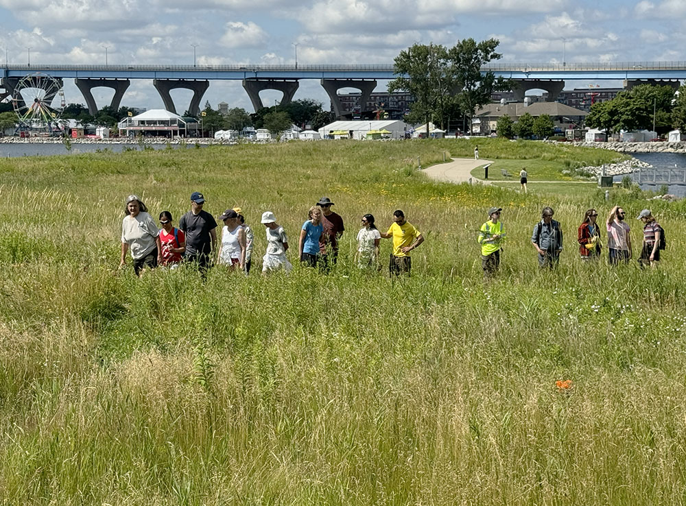 The tour group crossing a section of prairie at Lakeshore State Park.