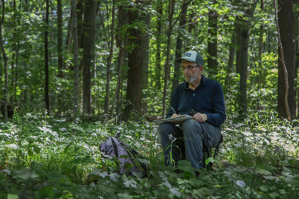 John Fatica sketching on site at Bratt Woods. 