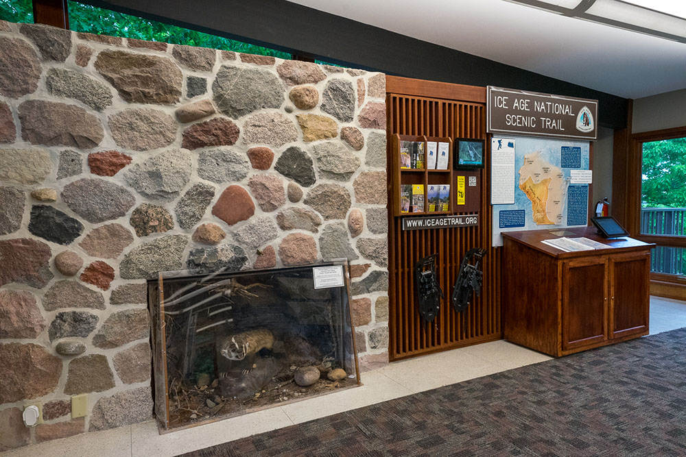 The Ice Age Trail Alliance display at the nature center next to the Hausmann's fireplace.