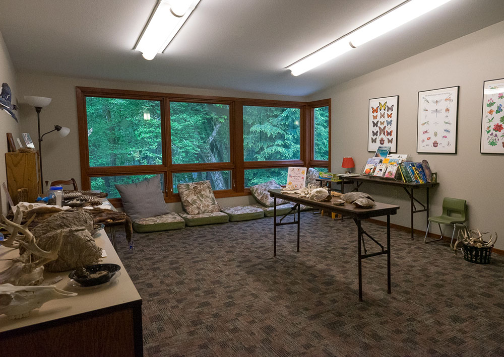 The children's room at the Hausmann Nature Center features books and lots of touchable artifacts.