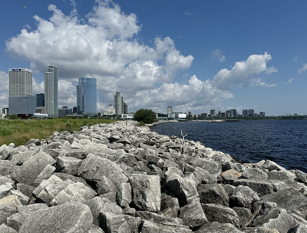 The island that makes up Lakeshore State Park was constructed out of rock blasted and excavated when Milwaukee's deep tunnel system was created. The lake-ward side of the island is buttressed with these huge chunks of rock.