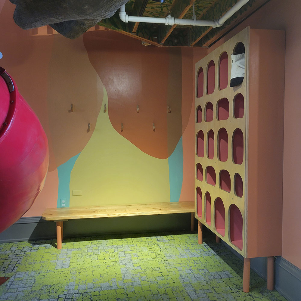 Bag Cubby Space, mural-bench-cabinet. Installed at Above and Beyond Children's Museum, 2014