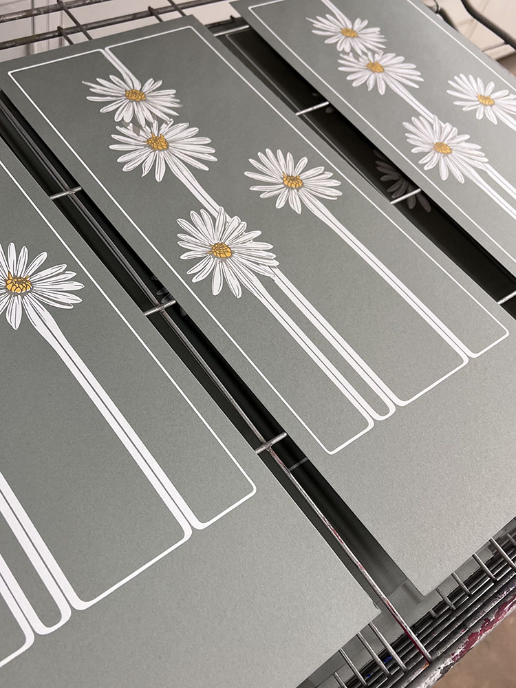 Daisy Chain, 3-Layer Screenprint on 100lb Cardstock, 2024, 8x16 inches. Multiple prints on drying rack.