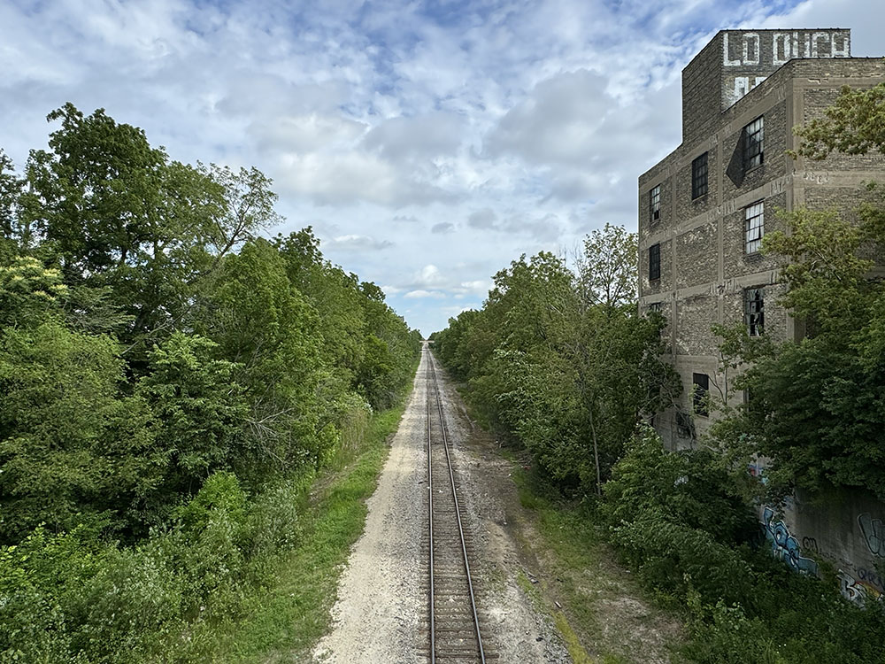 The still-active rail line on the 30th Street Corridor, looking north from Brown Street.